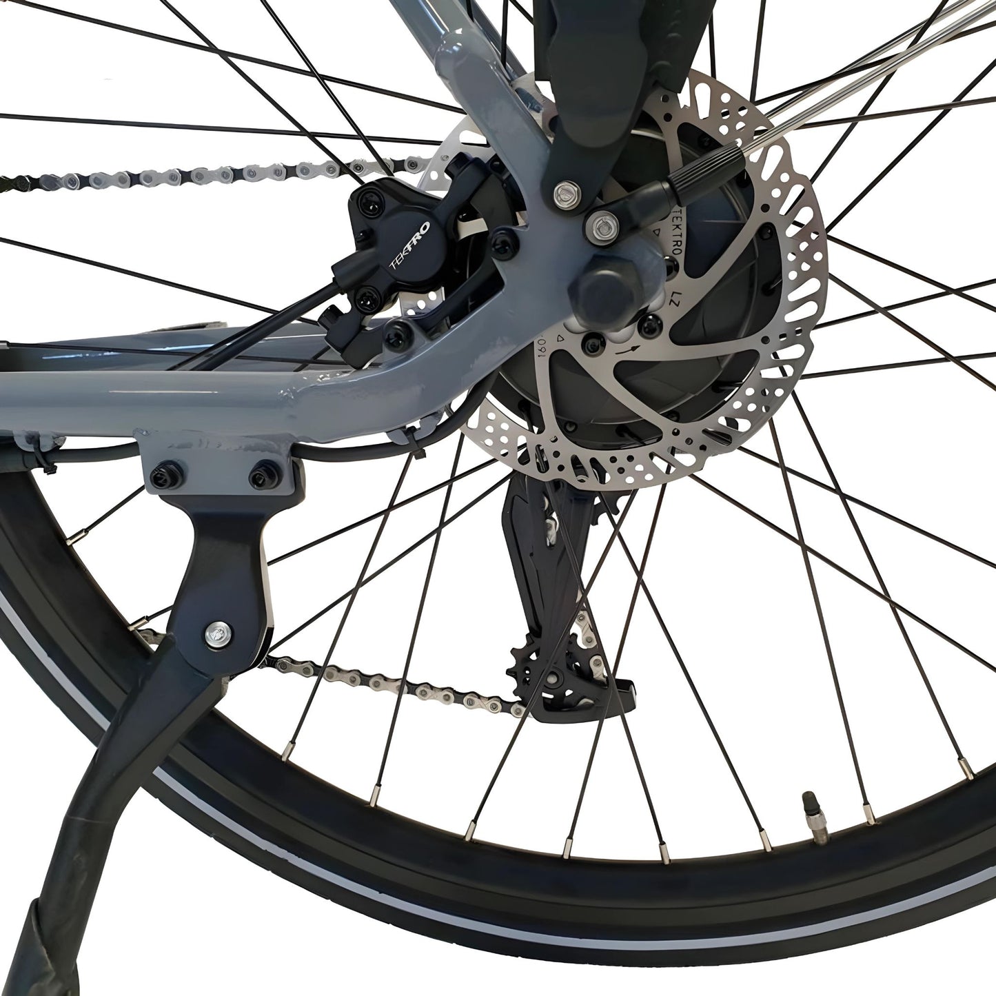 Detailed view of Geobike E-Urban's front disc brake