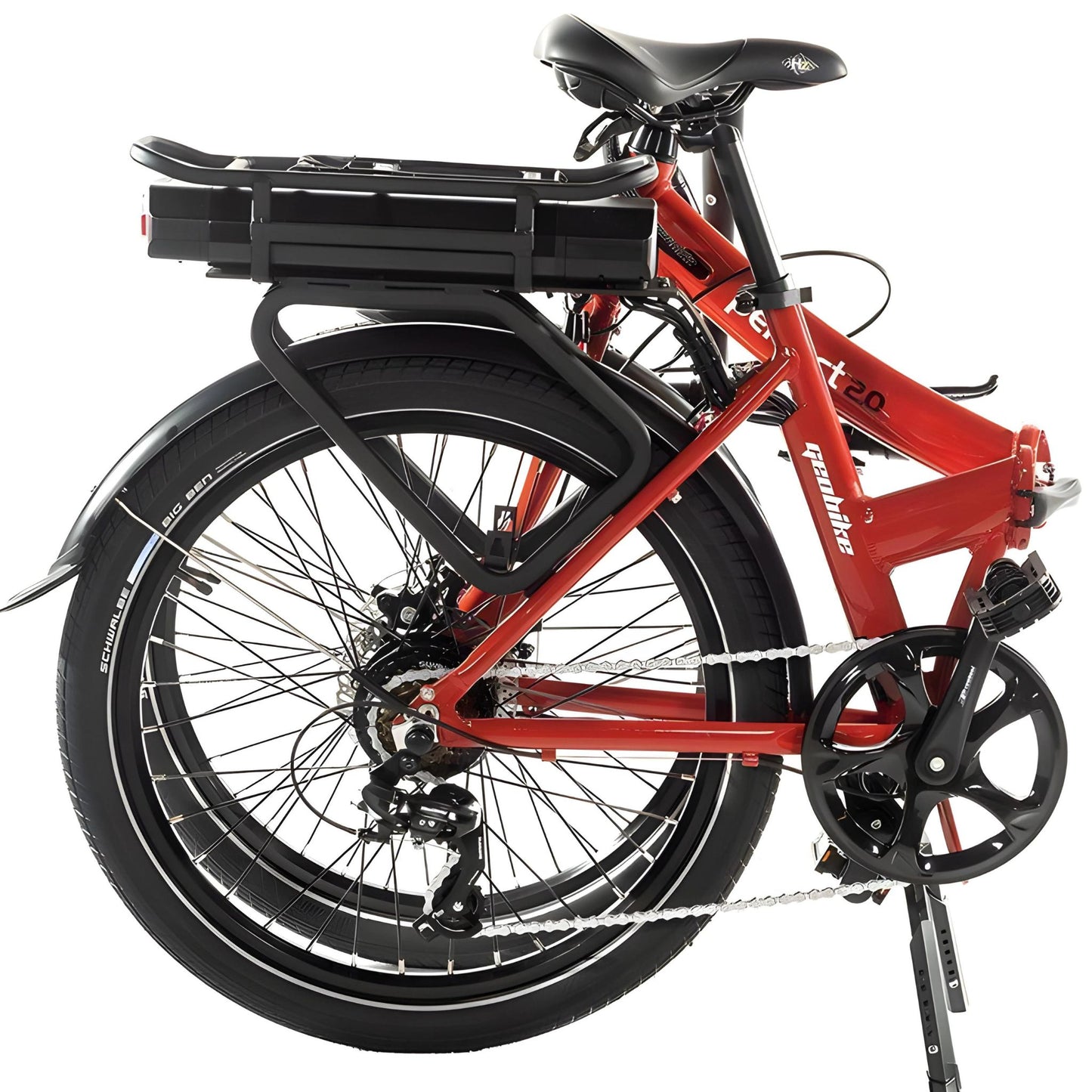 Red Geobike Perfect 2.0 folding e-bike in compact form